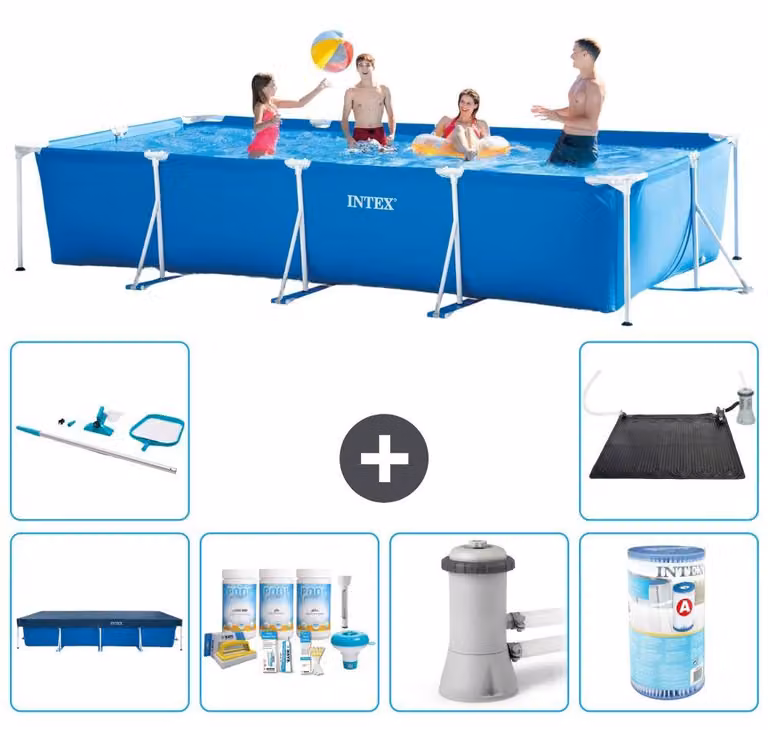 Piscina rettangolare - 450 x 220 x 84 cm - Blu - Con copertura a tenda - Kit di manutenzione - Pompa per piscina - Filtro - Kit di pulizia - Pannello solare