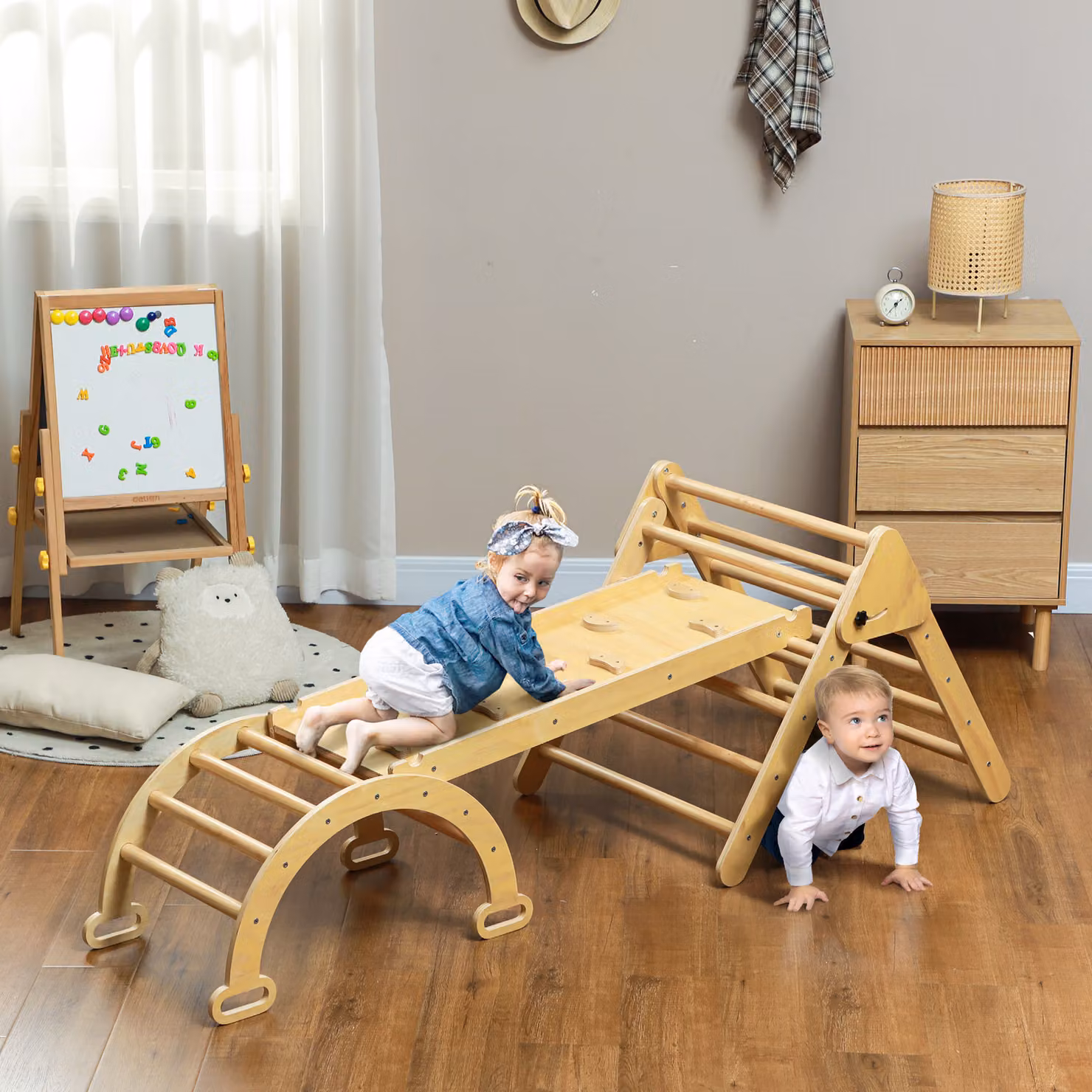 AIYAPLAY Gioco di Arrampicata Montessori per Bambini con Triangolo, Arco e Rampa con Pietre, Colore Legno, L: 178 cm, P: 64,5 cm, H: 63 cm – 2