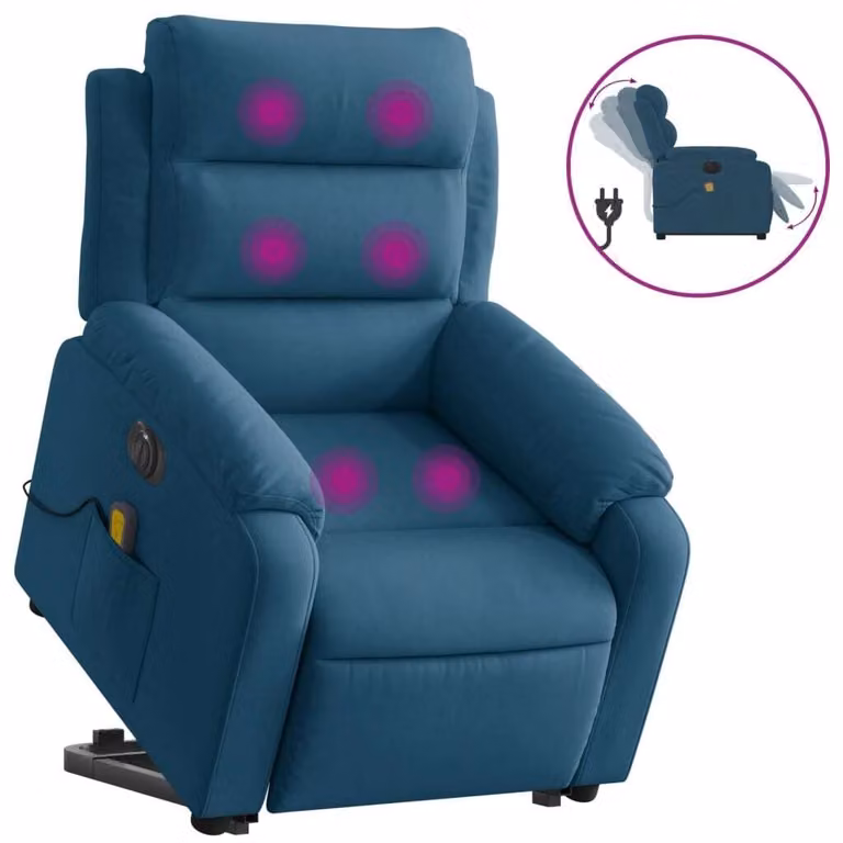 Poltrona Alzapersona Massaggi Elettrica Reclinabile Blu Velluto