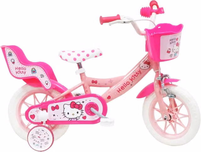 Bicicletta per bambine Hello Kitty da 12 pollici con freno caliper e stabilizzatori in acciaio Hi-Ten, colore rosa
