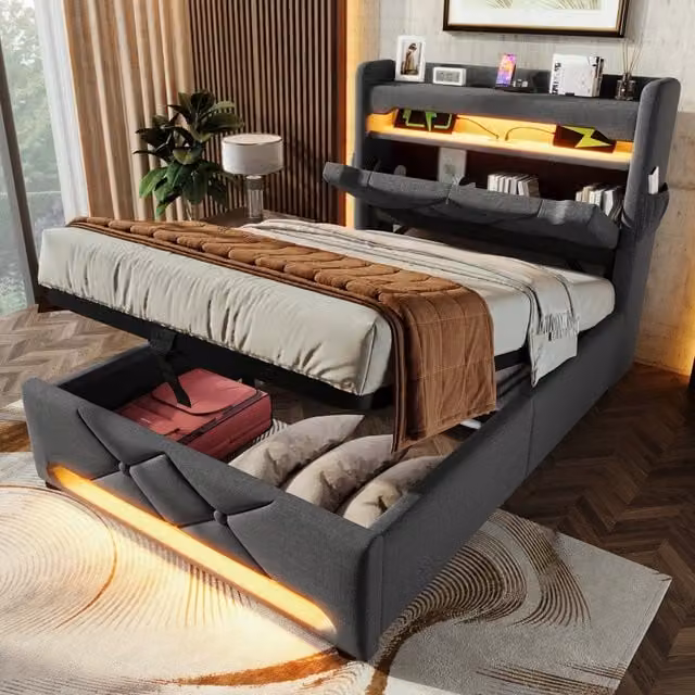 Letto singolo 90 × 200 cm con contenitore, LED, 3 USB e porta tipo C, senza materasso, in lino grigio