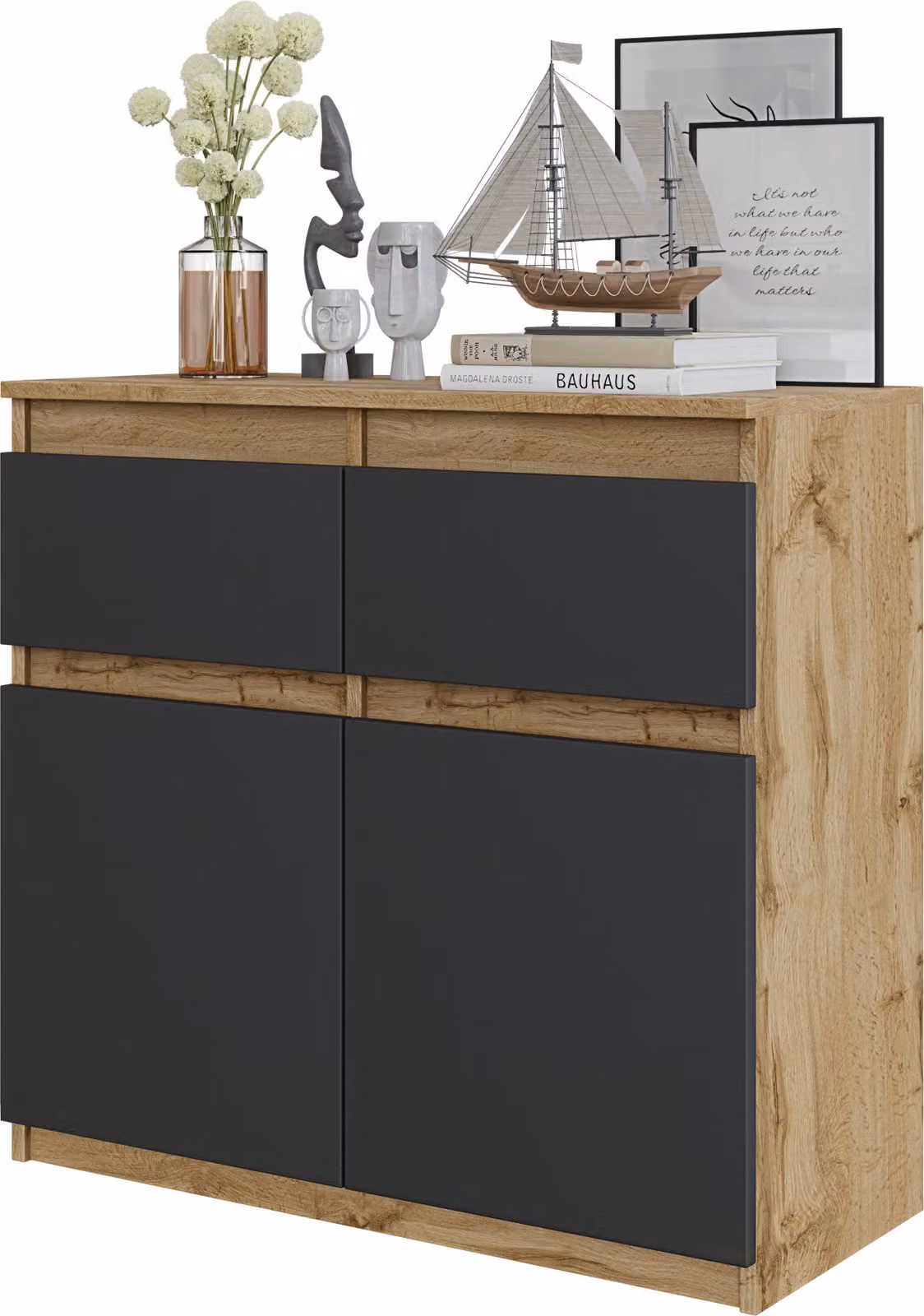 FURNICA - NOAH - Cassettiera / credenza con 2 cassetti e 2 ante - rovere Wotan / grigio antracite H75cm L80cm P35cm