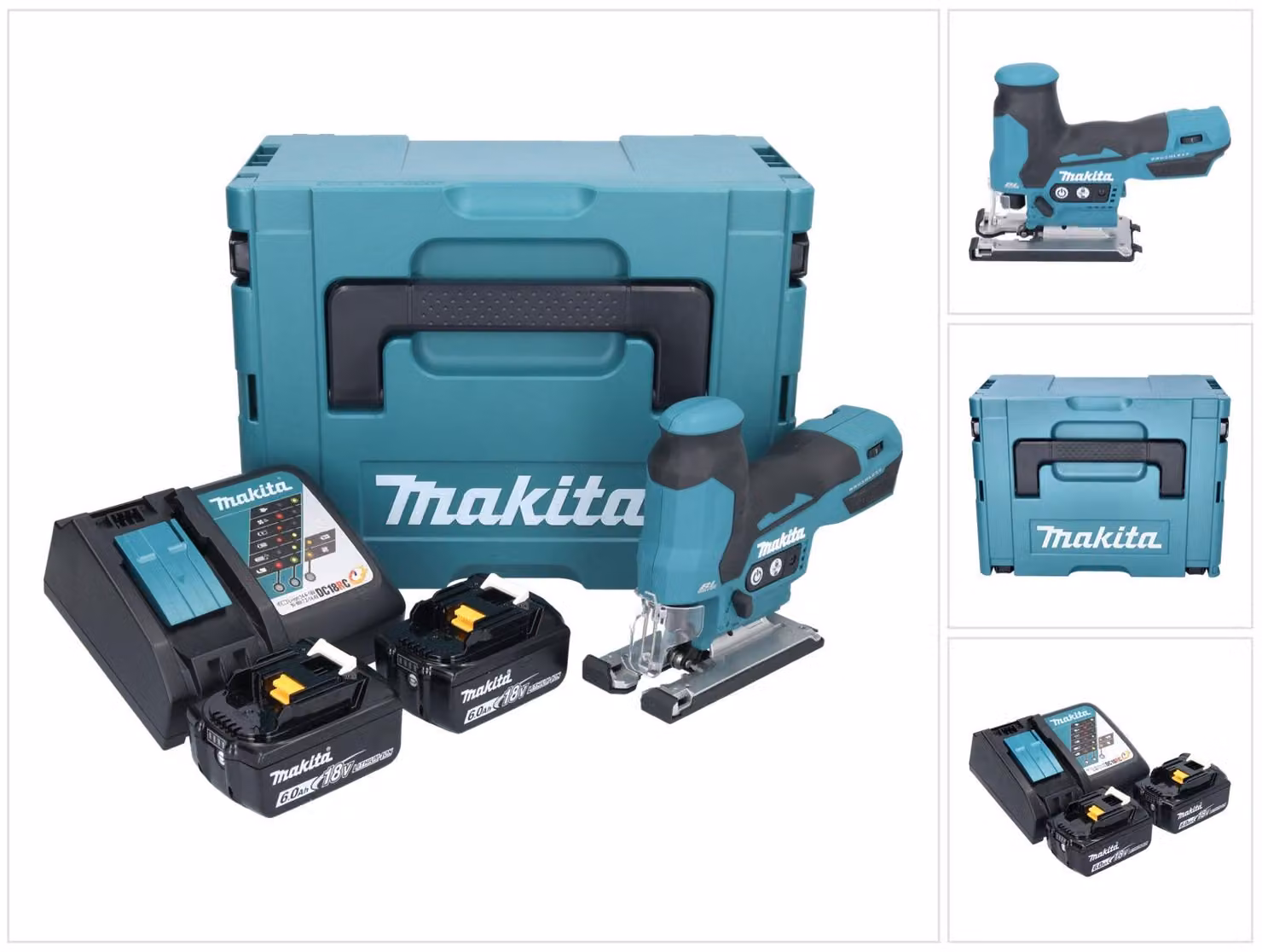 Seghetto alternativo a batteria Makita DJV 185 RGJ 18 V brushless + 2 batterie da 6,0 Ah + caricabatterie + Makpac