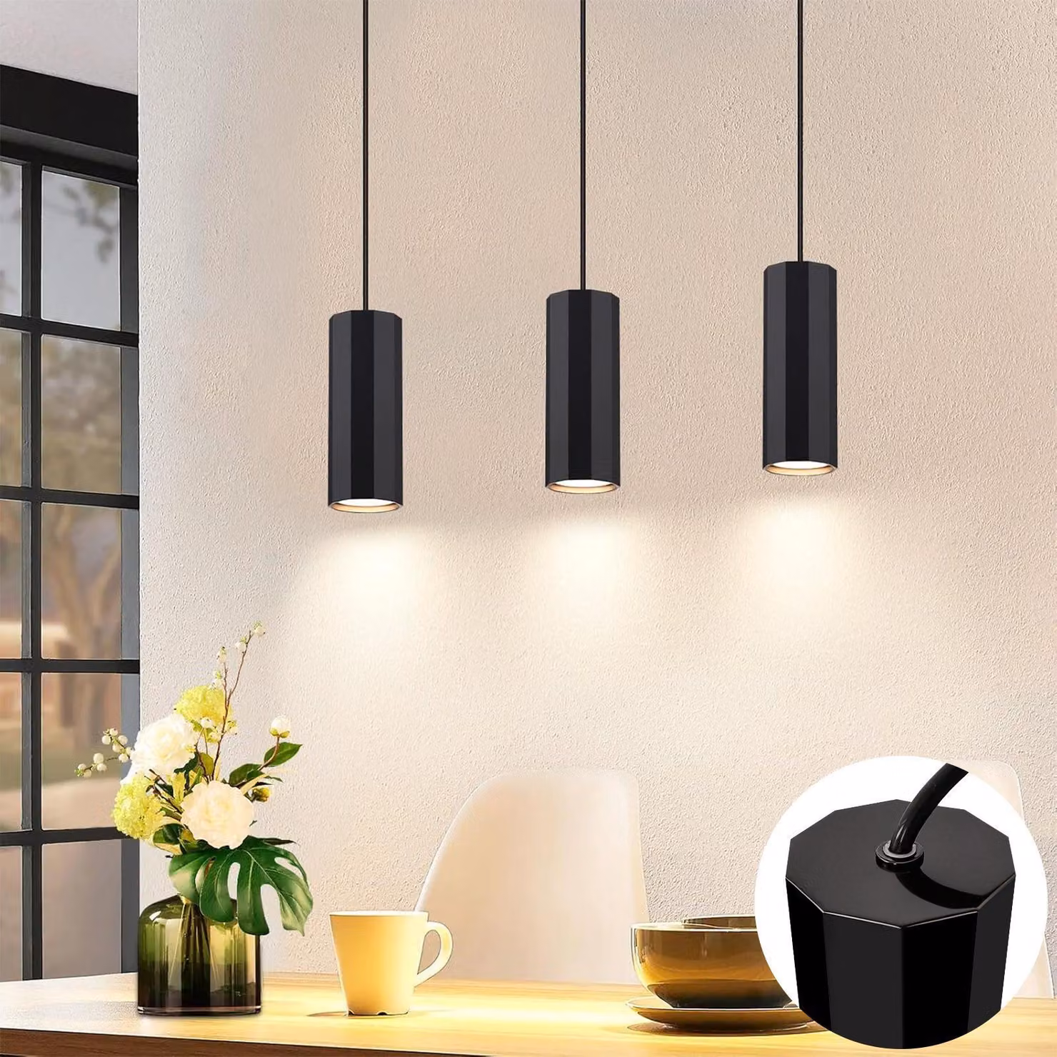 Lampada a sospensione ZMH, ideale per la sala da pranzo, modello 3 Ecikg, design moderno. Lampada a sospensione GU10 in metallo, adatta per soggiorno, cucina e camera da letto, colore nero