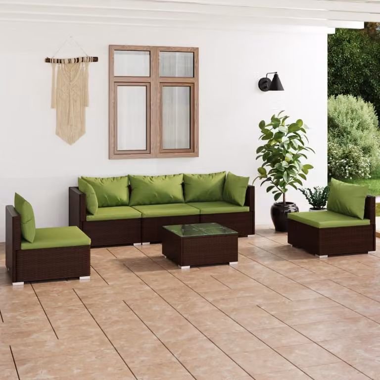 The Living Store Set da giardino da 6 pezzi con cuscini in poly rattan marrone