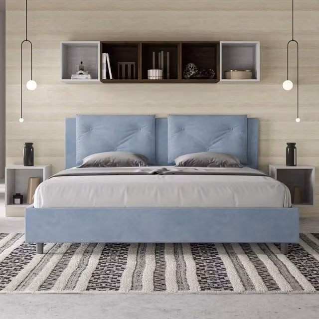 Letto matrimoniale Appia Ityhome con rete imbottita in microfibra azzurro L/P: 180 x 200 cm