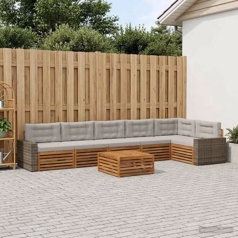 vidaXL Set di divani da esterno a L composto da 7 pezzi in legno di acacia con cuscini beige e grigi