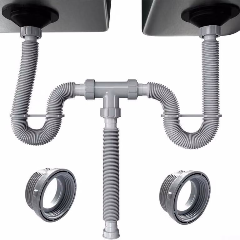 Kit di scarico regolabile a doppio ingresso per lavello, con design a sifone a "P"