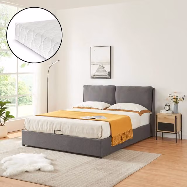 Letto Francese Lunner con Contenitore e Materasso en.casa, Grigio, L/P/H: 140 x 200 x 96 cm