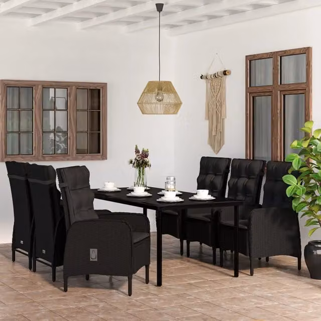 Set da pranzo da giardino vidaXL in rattan e vetro nero con 7 pezzi e cuscini