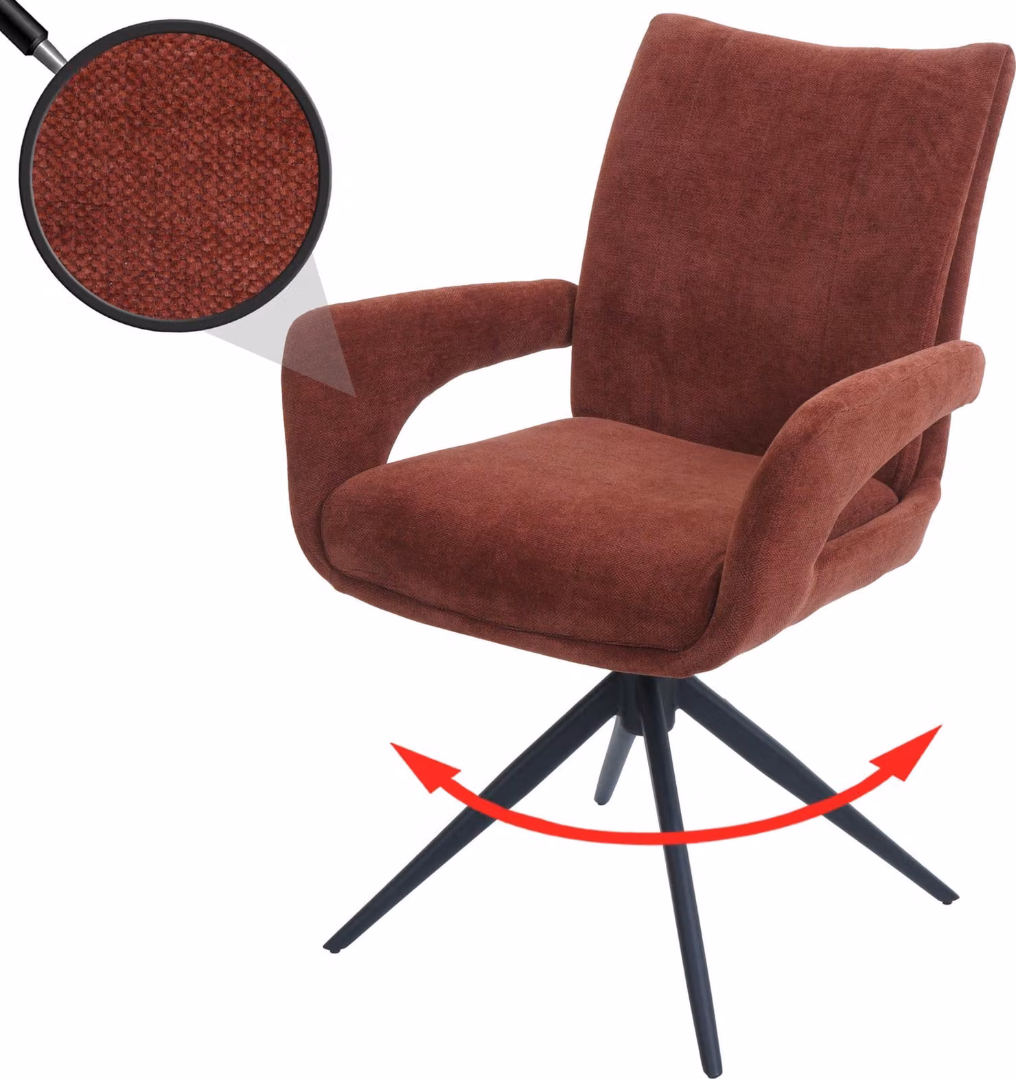 Sedia da pranzo HWC-O78, sedia da cucina, girevole con ritorno automatico, rivestita in tessuto chenille (310g/m²) – colore rosso-marrone