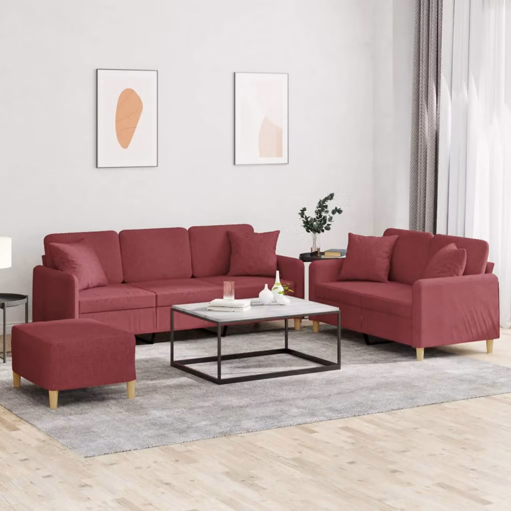 Set di divani vidaXL composto da un divano a 3 posti, un divano a 2 posti e un pouf, in tessuto rosso con cuscini, design moderno per il tuo soggiorno