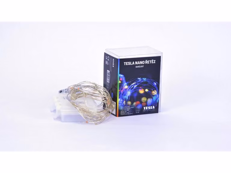 Tesla - catena nano 50LED, RGB, 5m + 30cm di cavo, 3x batterie AA, timer, IP44