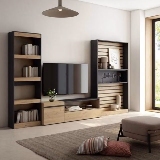 Mobile TV, Soggiorno, 320x35x186cm, Set di mobili, colore Rovere e nero RF2591