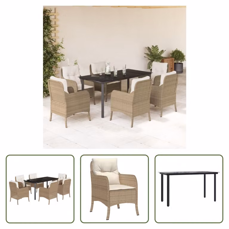 The Living Store Set da pranzo da giardino 7 pezzi con cuscini Beige poly rattan