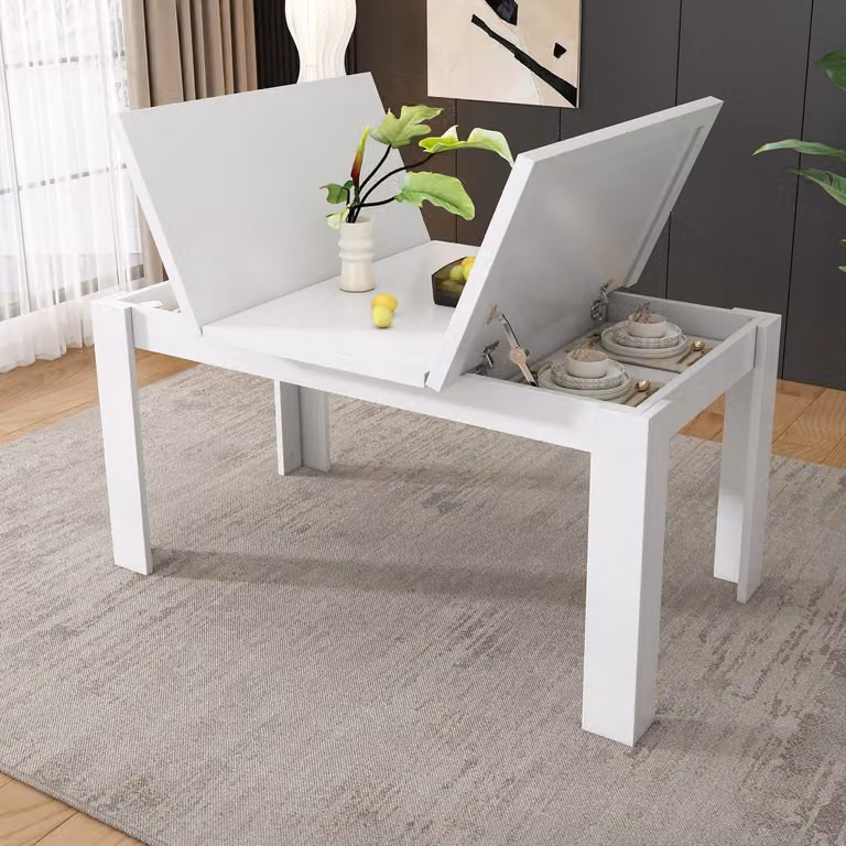 Tavolo da pranzo 120x70 cm, bianco, con spazio contenitivo, rettangolare, multifunzionale e salvaspazio