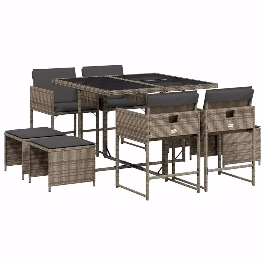 vidaXL Set da Pranzo da Giardino 9 pz in Polyrattan con Piano in Vetro e Cuscini Grigio e Nero – 2