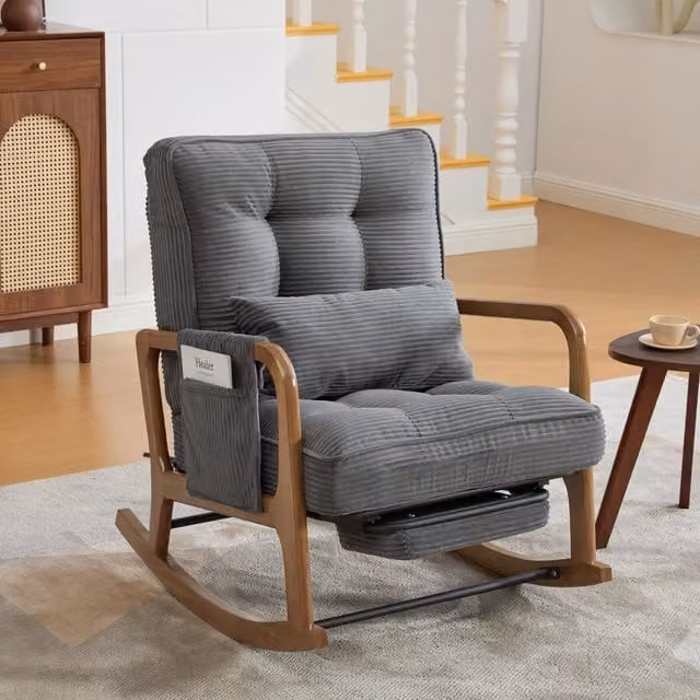 Poltrona Dondolo Minimal con Poggiapiedi in Tessuto di Velluto a Costine Grigio, Ergonomica con Schienale Regolabile, Cuscino Lombare e Tasche Laterali