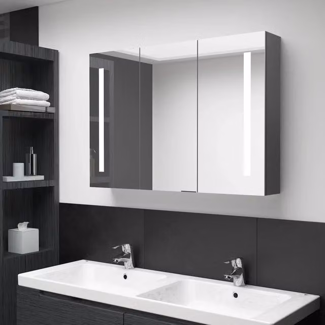 Armadietto da bagno moderno Design Mania con specchio e illuminazione LED, Grigio, L: 89 cm, P: 14 cm, H: 62 cm – 1