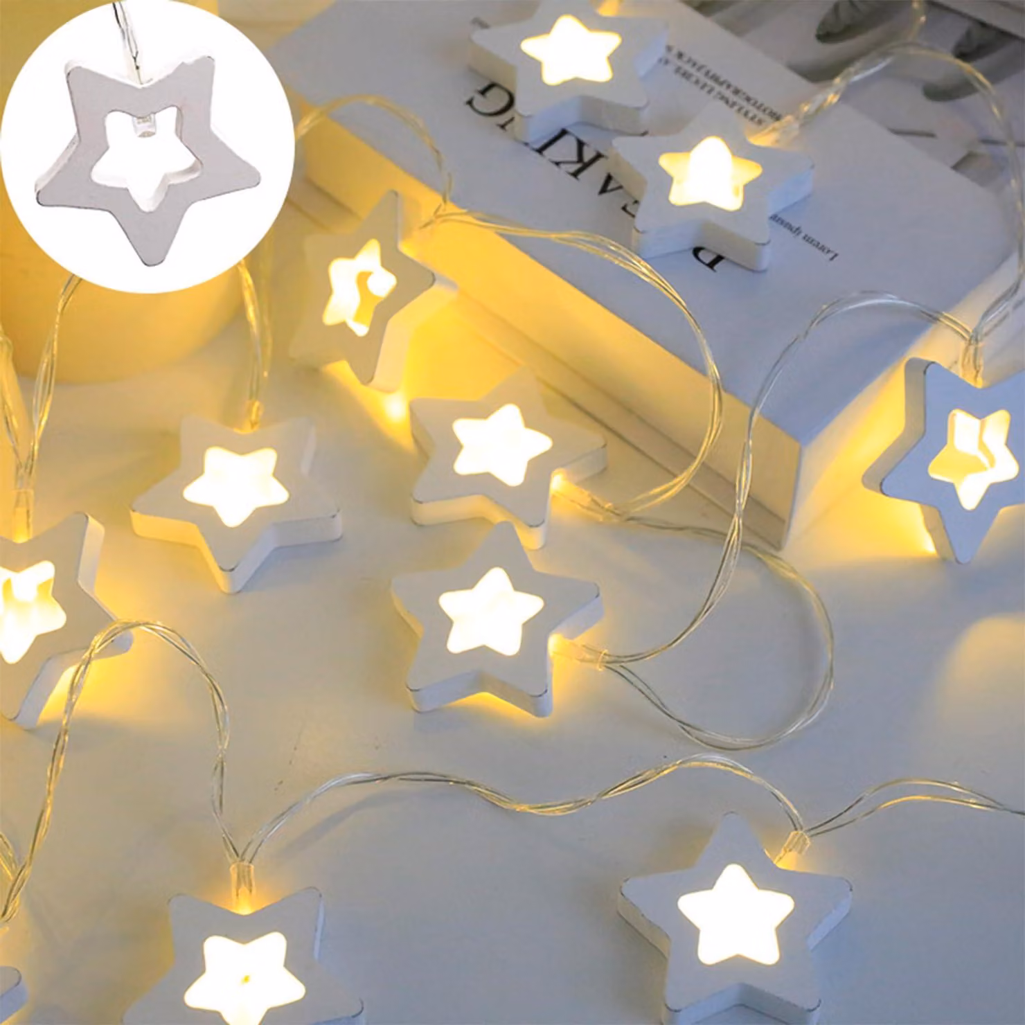 Catena luminosa a forma di stelle in legno, lunghezza 1,5 metri, 10 stelle con luci LED, luce bianco caldo