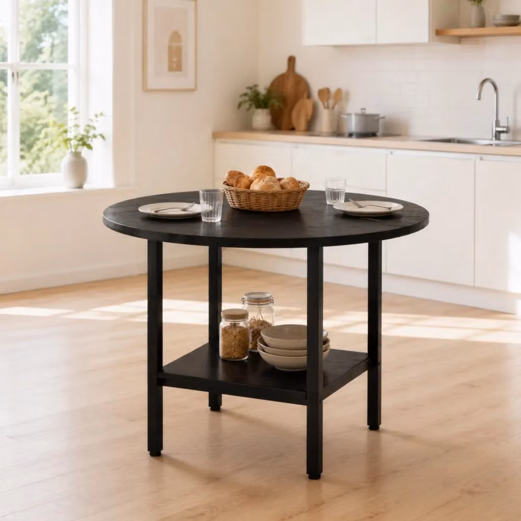 Tavolo da pranzo rotondo Mivray nero con ripiano in MDF e metallo, Diametro: 100 cm, Altezza: 77 cm – 2