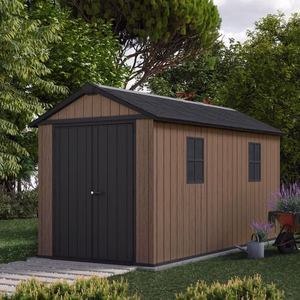 Casetta da Giardino Keter Newton con 2 Ante per Deposito Attrezzi, Finitura Effetto Legno Evotech+ in Resina, Colore Marrone e Nero, L/P/H: 413 x 246 x 230 cm – 2