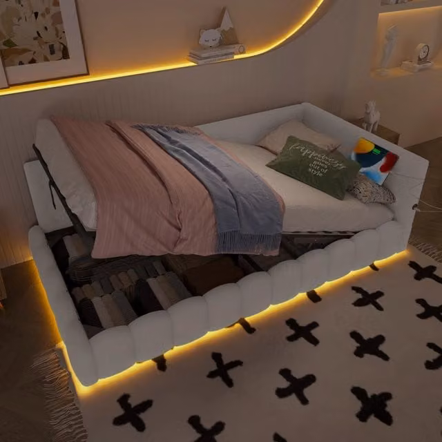 Letto divano singolo 90 × 200 cm con vano idraulico, USB, porta tipo C e LED regolabile, senza materasso, bianco