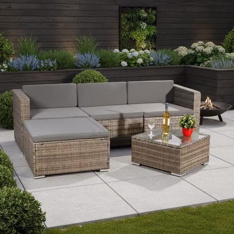 Mobili da giardino 5 pezzi divano da pranzo in polyrattan cuscini di seduta grigio/nero