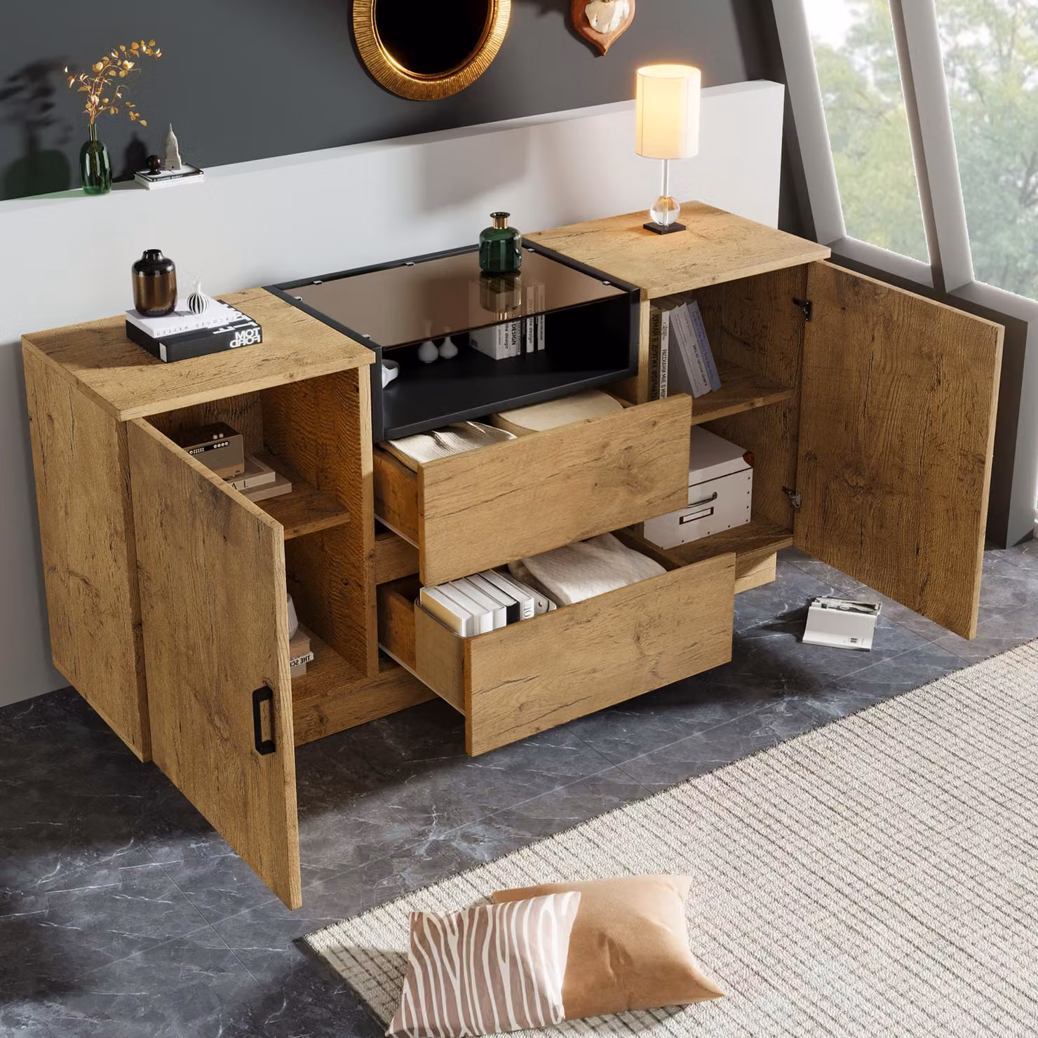 Mobile contenitore STILVORA con 1 vano aperto in vetro, cassettiera con 2 cassetti e maniglie in metallo, mobiletto laterale con ripiani interni regolabili in altezza, finitura rovere chiaro