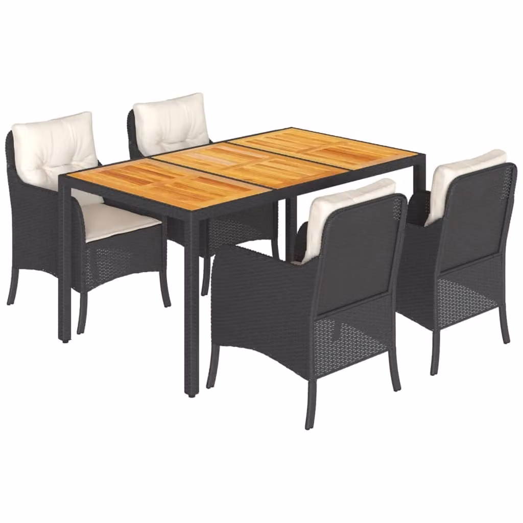 Set da Pranzo da Giardino 5 pz Nero con Cuscini in Polyrattan