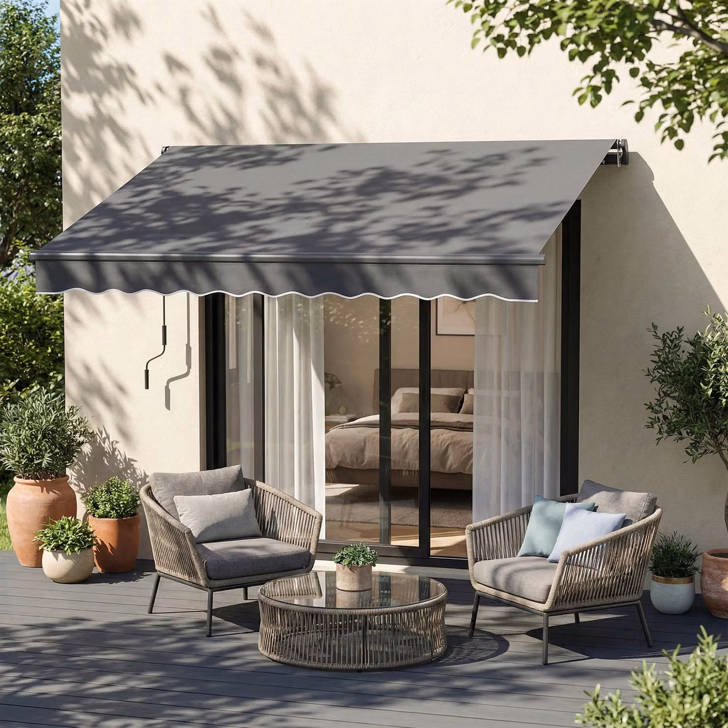 Tenda da sole retrattile a bracci manuale Outsunny con manovella, protezione UV e resistente all'acqua, grigio, L: 350 cm, P: 300 cm – 2