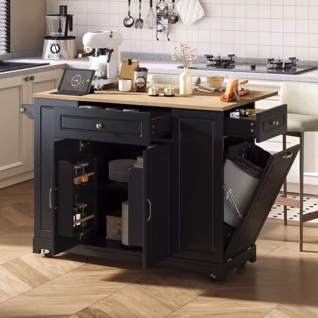 Isola Cucina Mobile con Rotelle e Piano Allungabile ¨C MINIMAL ¨C Nero, Cassetti, Portarifiuti