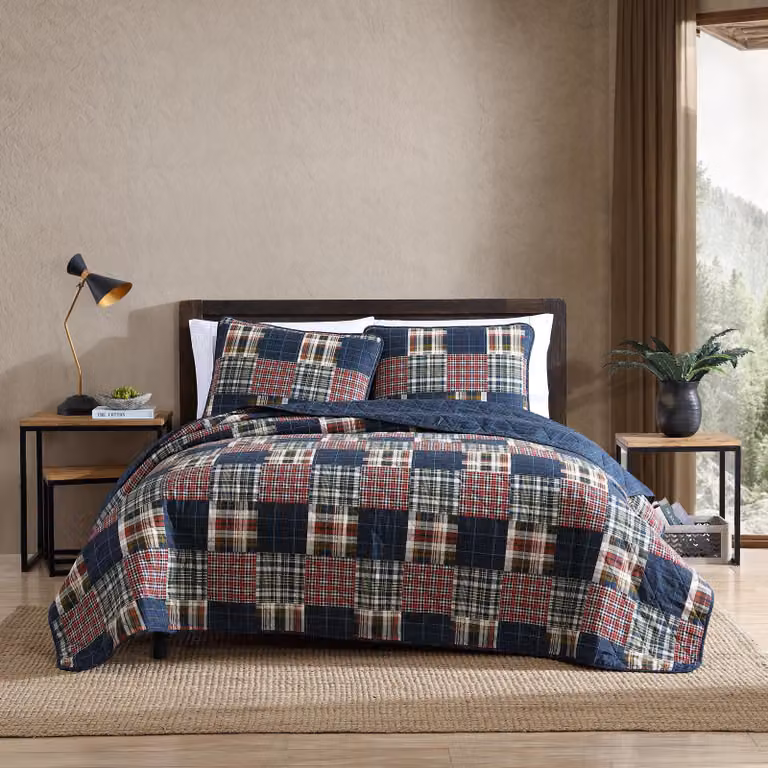 Set di lenzuola matrimoniali reversibile in cotone, modello Madrona, colore blu navy/rosso