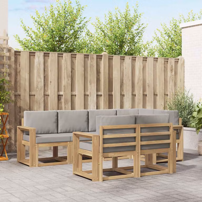 Set di divani da esterno vidaXL a forma di L composto da 7 pezzi in legno di acacia con cuscini bianchi e grigi per giardino e terrazza