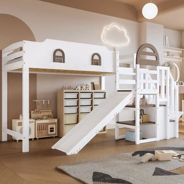 Letto a castello 2 posti per bambini 90 × 200 cm con scivolo, scala con 2 armadietti, senza materasso, bianco