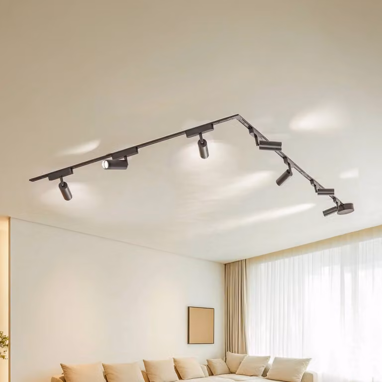 Sistema a binario 48V Lumaro, faretti, 7 luci, nero, Ø 4 cm Lumaro Lindby, dimmerabile, Nero, Soggiorno / Sala da pranzo, Alluminio, Moderno