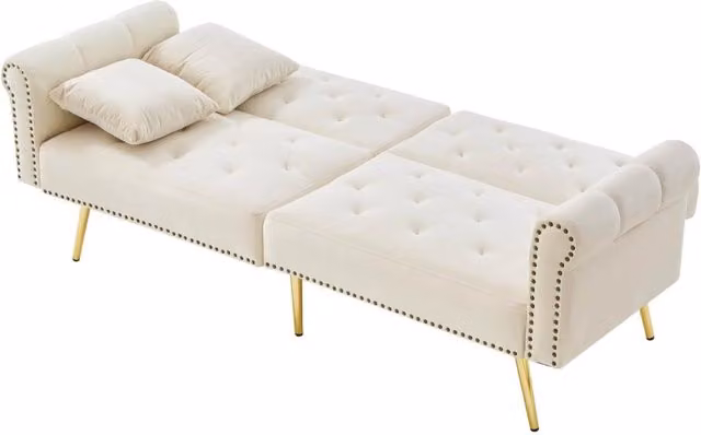 Divano letto 2 posti in velluto beige con schienale doppio regolabile a 3 posizioni， piedi in metallo dorato， 2 cuscini e letto 147x85 cm