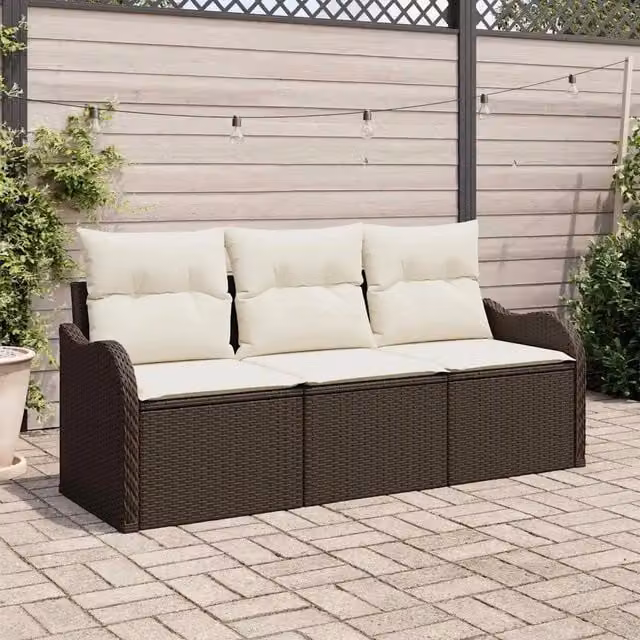 Set Divano da Giardino con cuscino 3 pz-Sofa da Giardino-Divanetto da esterno Marrone Poly Rattan 635715