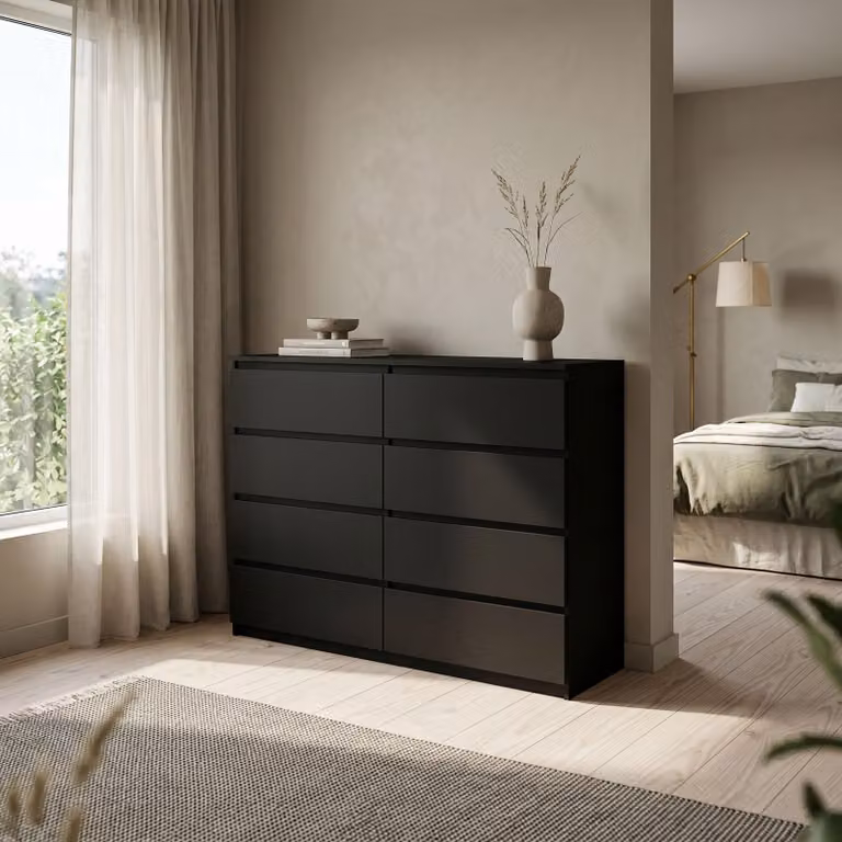 Comodà Masseno NUDO da 120 cm con 8 cassetti e ante, per soggiorno e camera da letto, stile moderno, 120x39x101,5 cm, nero / nero