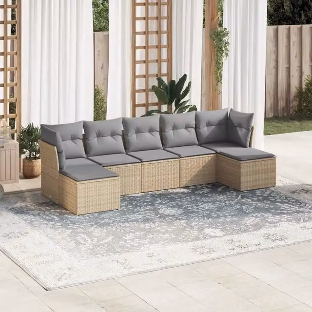 vidaXL Set Divani da Giardino 7 pz a Forma a L in Polyrattan con Cuscini Beige e Grigio