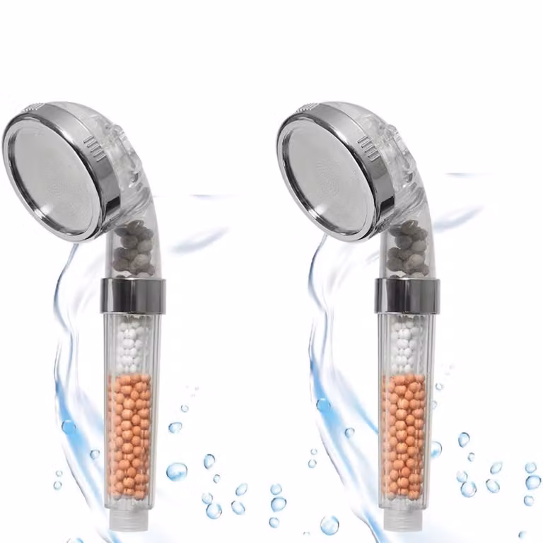 2 soffioni doccia a risparmio idrico con pietre minerali, con 3 tipi di getto, 344 ugelli, doccetta manuale