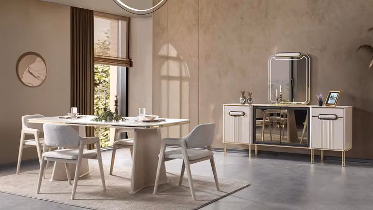 Tavolo da pranzo, 4 sedie, cassettiera, sala da pranzo, stile moderno, colore bianco, nuovo, pratico