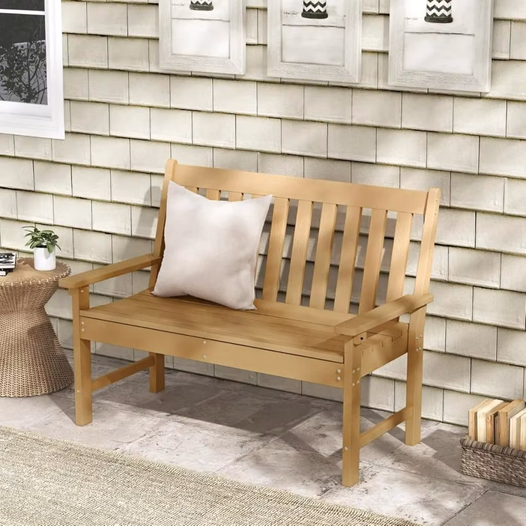 Panchina da giardino per 2 persone con schienale e braccioli in HDPE resistente alle intemperie, colore beige – 2