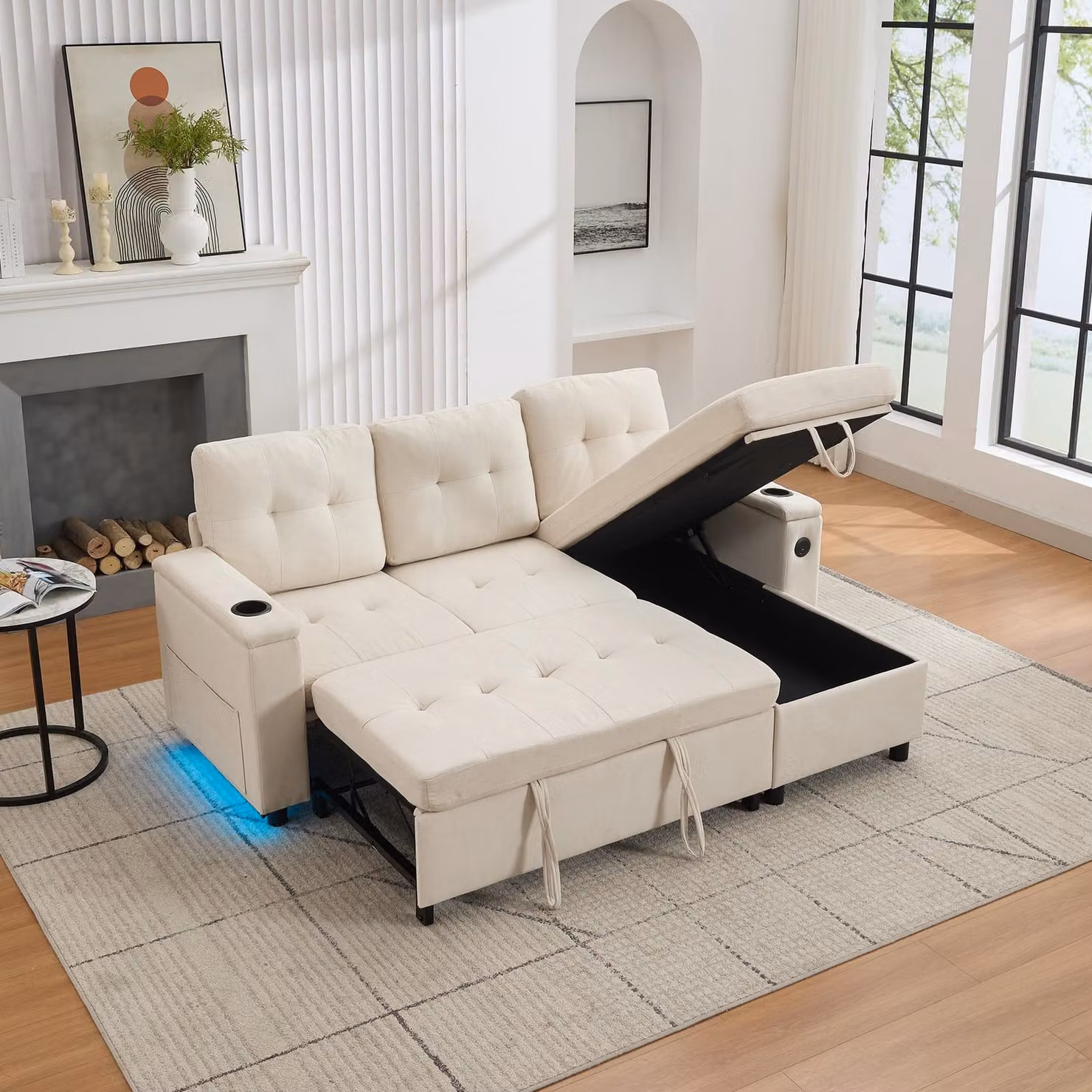 STILVORA Divano ad angolo 208 x 46 x 89,5 cm, divano a tre posti con vano portaoggetti nascosto, divano relax d'atmosfera con striscia luminosa a LED, divano ad angolo Treviso, divano a L, beige