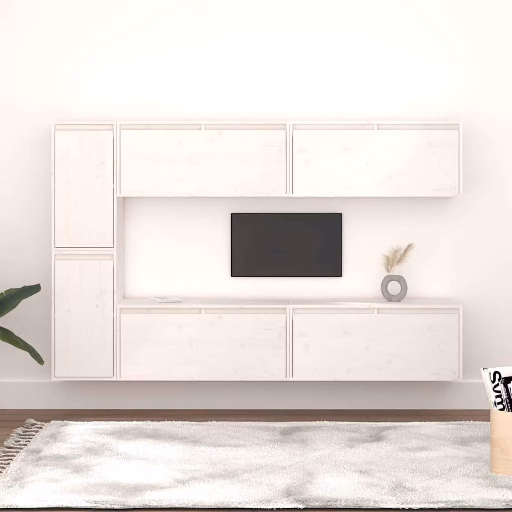 Set di 6 mobili porta TV vidaXL in legno massello di pino bianco, design moderno a parete