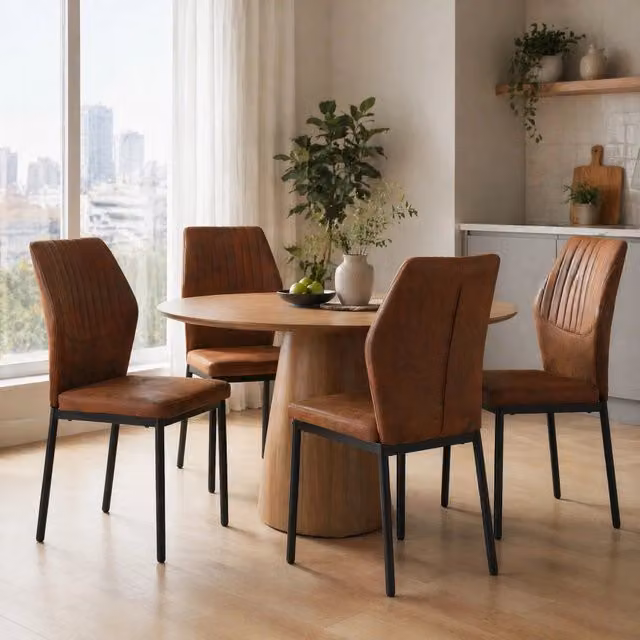 Set di 4 sedie da pranzo moderne in tessuto e similpelle marrone e nera con struttura in metallo