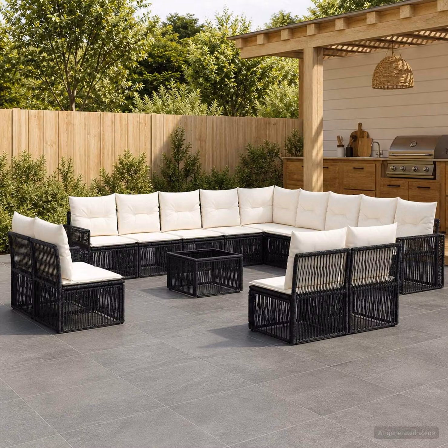 Set Divano da Giardino vidaXL 14 pz a forma a U in Polyrattan con Tavolino e Cuscini, Nero e Bianco Crema