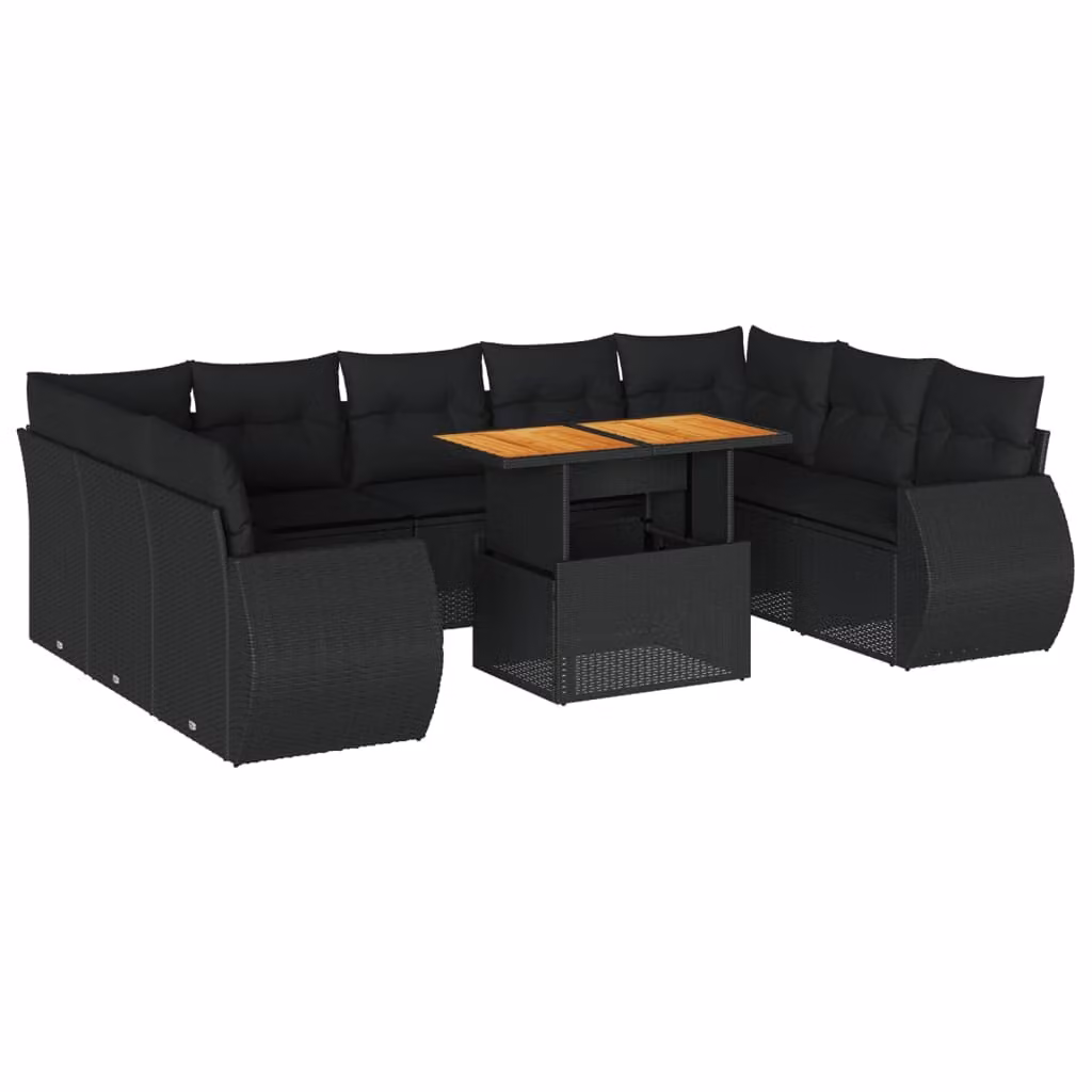 Set Divani da Giardino 10pz con Cuscini in Polyrattan Nero