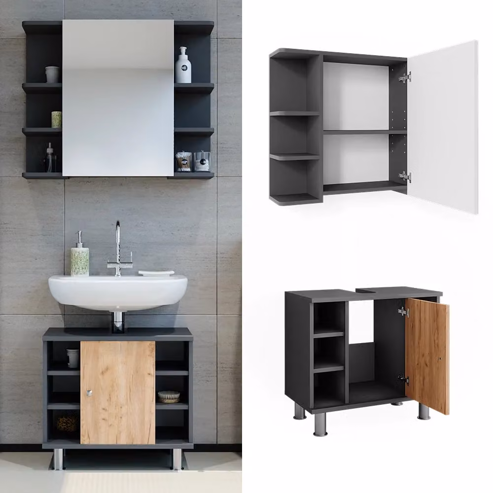 Set di mobili da bagno Vicco Fynn composto da mobile lavabo e pensile con specchio, colore Antracite e Rovere dorato – 2