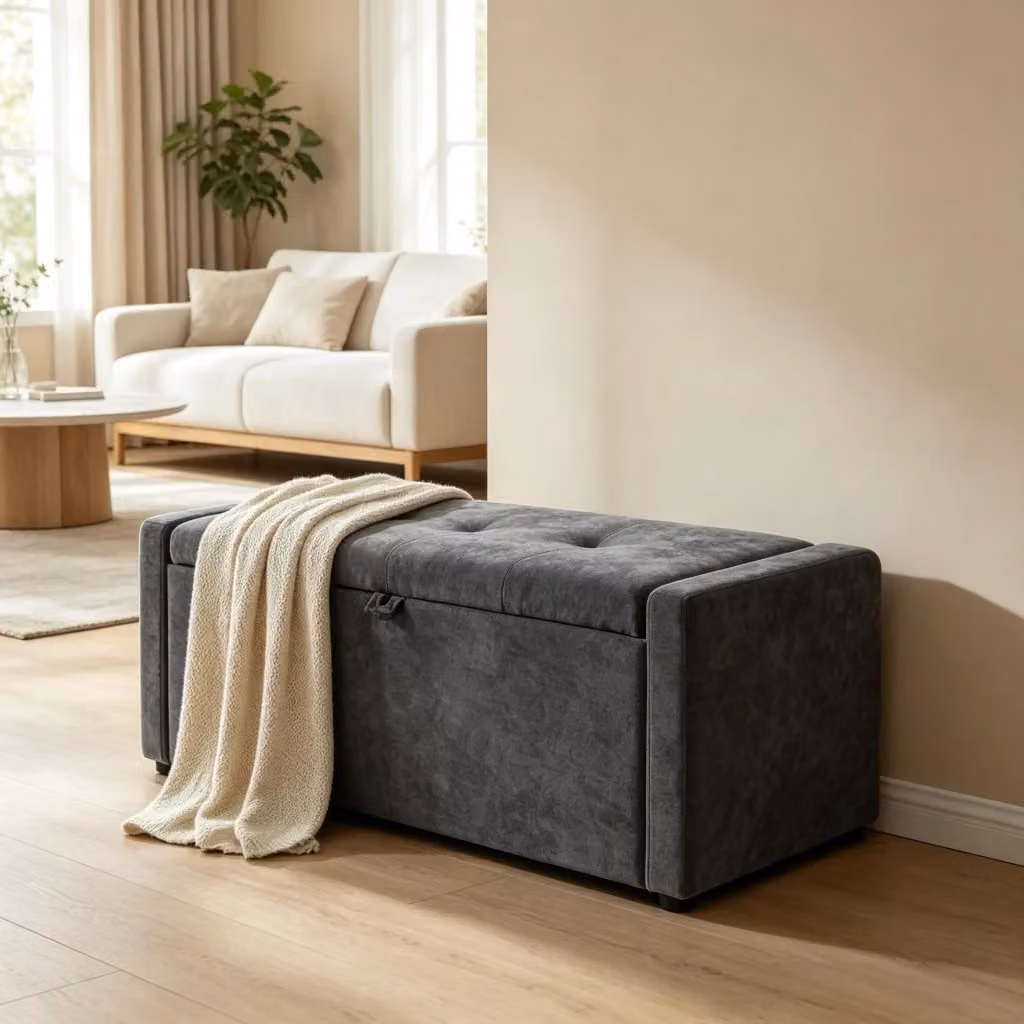 Panca contenitore REDOM in tessuto grigio con seduta imbottita L: 122 cm – 2